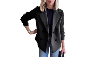 CUPITIDU Women's Lapel Button Knitted Patchwork Sleeve Casual Coat,Trendy Double Breasted Pea Coats With Pockets,Winter Blazer Loose Jackets Tops