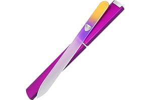 Bona Fide Beauty Lima de uñas de cristal checo con funda, lima de uñas de cristal dorado violeta para uñas naturales