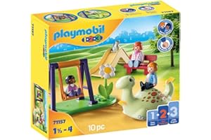 Playmobil 1.2.3 71157 Aire de Jeux - avec Trois Personnages, Une balançoire, Un Toboggan et Un Dinosaure à Bascule - Mes Premiers Apprendre en s'amusant - pour Les Tout-Petits 18-36 Mois