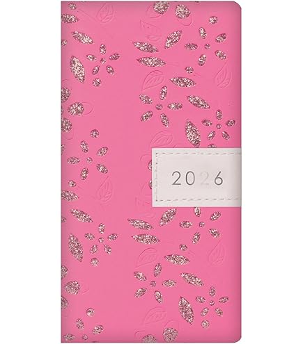 2026 Slim Wallet Diary Week To View - Pink Faux Leather Glitter Flower Embossed Planner - Lightweight Compact Portable Organiser Notebook - Home Office Student Organiser Travel Diary