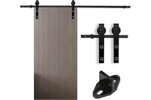 Tubiaz Juego de herrajes para puerta corredera de 200 cm (6,6 FT) de acero al carbono negro con ruedas y carril, para puerta corredera de madera, hasta 150 kg, rectángulo