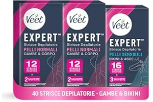 Veet Expert Mix Strisce Depilatorie, Ceretta Gambe e Corpo per Pelli Normali (24 Strisce) e Ceretta Ascelle e Zona Bikini per Pelli Sensibili (16 Strisce) + 7 Salviette Post-Epilazione