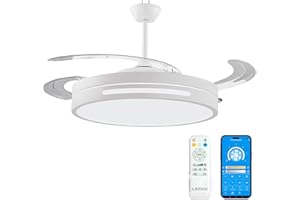 LEDUNI Ventilador de techo con luz con mando, 3 aspas Motor DC 30W+Luz LED 66W,temporizador, 6 velocidades, aspas retráctiles, 3 temperaturas de luz, función verano-invierno Silencioso (Blanco, 50CM)