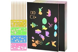 OTYMIOW Kratzbilder Papier für Erwachsene 100 Stück, Regenbogen Kratzpapier Weihnachten Bastelset mit 10 Holzstifte und 4 Malschablonen, Kratzbuch Kratzmalerei Kratzbilder Scratch Painting Kratzbild für DIY