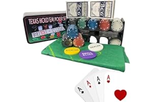 Generico Set da Poker da 200 Fiches, Set da Texas Holdem e Black Jack, Set di Fiches da poker con Tappetino Carte da gioco Porta Fiches, Bottoni Dealer Buio, Set in Scatola di Latta