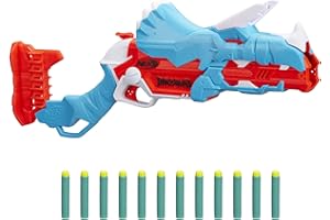 NERF DinoSquad Tricera-Blast Dart Blaster, Break-Open 3-Dart Loading, 12 Official Darts, Dart Storage, Triceratops Dinosaur Design