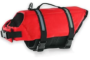 FANSU Dog Life Jacket Adjustable, Safety Floatation Vest Coat - Pet Life Preserver with Handle - For Swimming, Surfing, Boating - Red, Size S