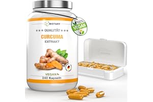 BIOTARY Extrait de Curcuma - 240 gélules - Teneur en curcumine équivalent à 17 500 mg de Curcuma - 4 mois de stock - Pilulier inclus - Hautement dosé 98% - Végétalien - Testé en