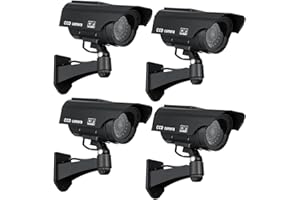 JUSTOP 4 Pack Dummy CCTV Camera Outdoor/Indoor Waterproof With Reality LED Light Solar Or Battery Powered Fake CCTV Cam With Warning Sign Stickers - Black