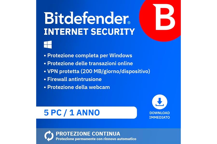 Bitdefender Internet Security 2025 | 5 Dispositivi | 1 Anno | PC | Codice di attivazione via email | Rinnovo automatico