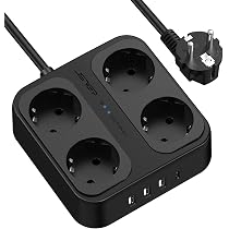 Ciabatta Multipresa 6-in-1 Con 2 Prese E 4 Porte USB (2 USB-C) – Protezione Sovratensione, Interruttore E Cavo 1.8m – Compatta Per Viaggio, Ufficio E Casa