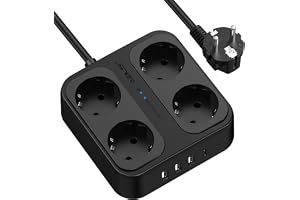 JSVER Strömkontakt med 4 uttag och 4 Snabba USB-uttag, 3680W/16A Multiple Plug med strömbrytare och överbelastningsskydd, 1,8