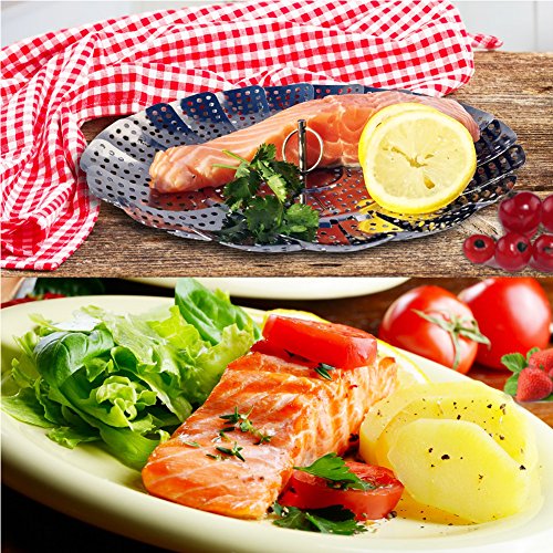 Edelstahl Gemüsedämpfer Faltbar Dämpfkorb Obst Körbchen , Vegetable Steamer Basket, Ton Anpassung an verschiedene Topf Größen,14 cm -23,6cm 100%Edelstahl,Silber - 6