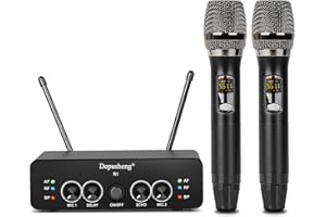 Depusheng R1 microfono wireless professionale, Dual Professional UHF microfono dinamico wireless per Home Karaoke, Meeting, Party, Chiesa, DJ, Matrimonio, Home KTV, 50 m