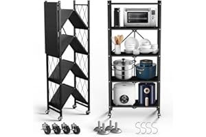 Svkiyang Foldable Storage Shelf Unit on Wheels Large Capacity (No Assembly) Heavy Duty Steel 5-Shelving Organizer Rack for Kitchen, Garage and Laundry Bathroom Tool Organization (5, Black)