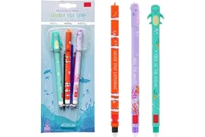 PIASHOW Lot de 3 Stylos à Bille à Encre gel Effaçable - Motifs Animaux Marins (Hippocampe, Tortue, Poisson Clown) - Pointe 0,7 mm - Pour école, Bureau et Dessin