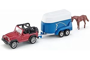 siku 1651, Jeep avec remorque pour chevaux, métal/plastique, multicouleur, 1 figurine cheval inclus, clapet de chargement ouvrable
