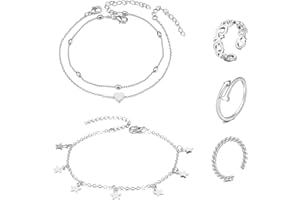 LAURITAMI 5pcs Argento Punta Anello Caviglia Catena Set Acciaio Chirurgico Overt Piedi Anelli Catene Piede Gioielli per Donna