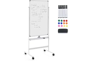 GYMAX Lavagna Magnetica con 4 Ruote, Lavagna Bifacciale con Set di Accessori, Cancellabile a Secco, Lavagna Mobile Regolabile in Altezza, per Scuola, Ufficio, Casa (60 x 100cm, Bianco)