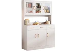 IGTOPS Armario de Cocina de 170 cm, Armario Alto de Madera, Aparador, Armario Multiusos con Cajones y Puerta de Cristal, Comedor, Baño, Oficina, Trastero, Blanco