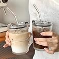 SKDBPM Drink Coffee Glass Cup with Lid and Straw Transparent Bubble Tea Cup Juice Glass Milk Mocha Cup Breakfast Mug Ultimate Glassware Sipper for Home, Kids (450ML Strip Mug/Pack of 2)