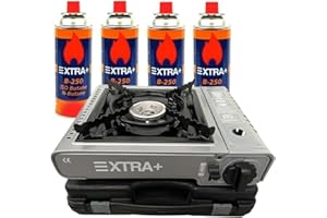 EXTRA+ Dacada 2005 Hornillo de Gas Portátil B-250 con Maletín y 4 Cartuchos de Gas Butano de Recambio para Camping, Cocina y Exterior