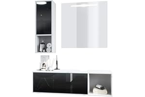 Vladon Conjunto de Muebles para baño La Costa, Cuerpo en Blanco Mate/Frentes Negro de Alto Brillo, con Espejo LED