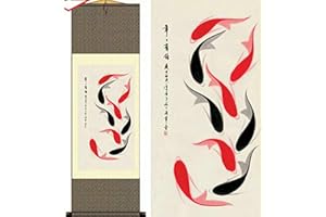 AtfArt Asian Wall Decor Beautiful Silk Scroll Painting Year Have Fish - Red Black Carp Oriental Decor Chinese Art Wall Scroll Wall Hanging Painting Scroll (39 x 12 in)