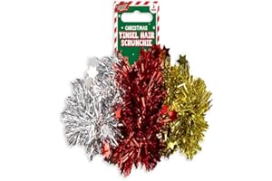 THE HOME FUSION COMPANY Pack of 3 Tinsel Hair Scrunchies in Gold, Red, & Silver - Perfect for Christmas