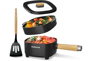 ‎AUDECOOK Audecook Elektrischer Hot Pot mit Dampfgarer, 2L/20cm Antihaft Elektropfanne mit Keramikglasur, Tragbarer Multikocher für Ramen, Steak, Ei, Haferflocken, Suppe, 350W/800W (Schwarz)
