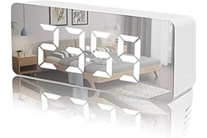 JSTH Digital Alarm Clock, Bedside Clocks with Snooze Time Temperature Mirror Surface Function LED Clock for Office USB Powered & Battery Backup Powered(White)