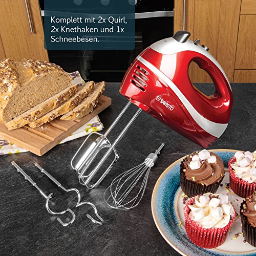 Savisto 300W Elektrisches Handmixer mit Quirl, Knethaken und Schneebesen Aufsatz – 5 Geschwindigkeitsstufen und Turbotaste Handrührgerät – Rot / Grau - 3