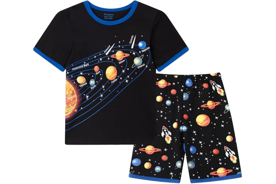 Boys Short Pyjamas Sets Solar System Space Pyjamas Cotton Pjs 2 Piece Outfit Pajamas for Kids 3-11 Years