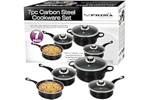 BARGAINS-GALORE 7 Piece Black Cookware Set - Casserole with Handles, Carbon Steel Base, Glass Lid with Steam Vent Hole, Non Stick, Saucepan Frying Pan - Can Be Used on All Hobs