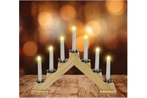 ELEX Mains Operated 7 Wooden Pre-Lit Christmas Candle Bridge Arch Window Decor Xmas Warm White Light (Natural)