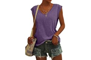 ASKSA Femme T-Shirt Débardeur Col en V à Mancherons été Couleur Unie Sport Tee Hauts Chemises Amples de Base Shirts