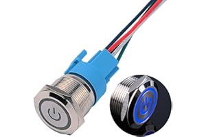 JIQI 22mm Momentan Metall Druckschalter 12V bis 24V 5A Momentary LED Tastenschalter IP66 1NO1NC wasserdicht vorverdraht EIN/AUS Taste Schalter für Fahrzeugmodifikation Wohnmobil DIY(Blau Power Symbol)