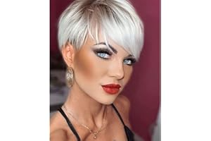 Creamily Perruque blonde courte pour femme - Perruque blonde ombrée - Cheveux synthétiques lisses avec frange - Perruque courte pour femme - Blond platine