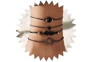 Inateannal 4Pcs Anklet Bracelet for Women Black Leaf Bead Braided Cord Anklet Dainty Hollow Lotus Heart Ankle Chain Summer Beach Foot Jewelry for Teen Girls