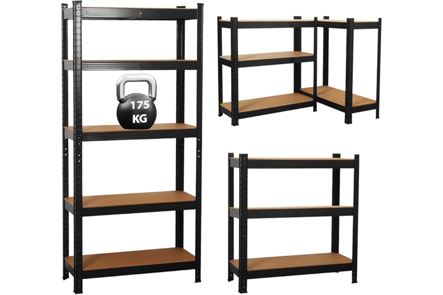 Garage Shelving Units,5 Tier Shelving Unit Garage Shelves Storage Shelf Heavy Duty Shed Storage Racking Shelf Metal Boltless for Warehouse Workshop Office (Black, 70X30X150)