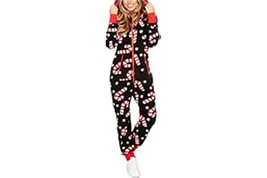 FEMEREINA Couples Matching Christmas Pajamas Hoodie Fleece Onesie Women Men's Long Sleeve Printed Suit Full Zipper Jumpsuits with Pockets