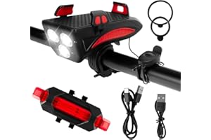 WORHUDY 4-in-1 LED Bike Light Set with Mobile Phone Holder, 4800mAh USB Rechargeable Loud Bell Bike Light Front + Rear Bike Light Hiking Camping All Mountain & Road Bike