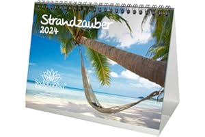 SEELENZAUBER Strandzauber Calendrier de table format A5 pour 2024 Plage Plages Vacances - Coffret cadeau inclus : 1 calendrier, 1 carte de Noël et 1 carte de vœux (3 pièces au total)
