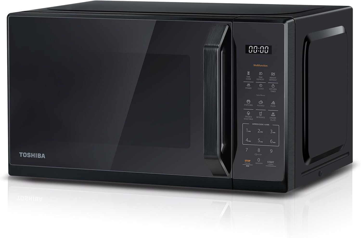 TOSHIBA Black Mirror Microwave 20Liter 800W Digital Solo Small Microwave With 11 Power Levels, One Touch Express Cook with 6 Auto Menus, Defrost, Digital Display, Perfect for 9''Pizza, MW3-EM20PF(MB)