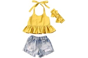 Geagodelia Completo Bambina Estivo in 3 Pezzi Top Senza Maniche con Volant+Pantaloncini in Jeans + Fascia con Fiocco Set di Vestiti Abiti Tuta Bambine Estate 1-6anni