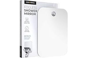 HONEYBULL Miroir de Salle de Bain Anti Buée - Miroir de Rasage pour Homme Femme avec Support Rasoirs (Grand 20x25cm) Miroirs Maquillage sans Cadre avec Crochet Adhésif Accessoire Douche Salle de Bain