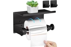 zhongko Toilettenpapierhalter Ohne Bohren mit Ablage, Klopapierhalter Schwarz mit 2 Selbstklebende Haken, Edelstahl Toilettenpapier mit Dämpfungseffekt, WC Rollenhalter Für Badezimmer