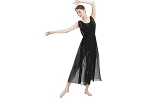 FYMNSI Adult Women Lyrical Dance Costume Modern Contemporary Dancewear V-Neck Backless Split Mesh Tulle Long Skirt Flowy Overlay Dress Stage Performance Clothing