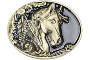 Longcreek Fibbia per cintura da cavallo per uomo, Fibbia per cintura ovale con testa di cavallo vichingo norvegese, Fibbia per cintura con foglia di piuma incisa a cavallo punk rodeo