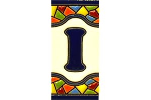 ART ESCUDELLERS Letreros con numeros y letras en azulejo de ceramica, pintados a mano en técnica cuerda seca para nombres y direcciones. Texto personalizable. Diseño MOSAICO MINI 7,3 cm x 3,5 cm. (LETRA "I")
